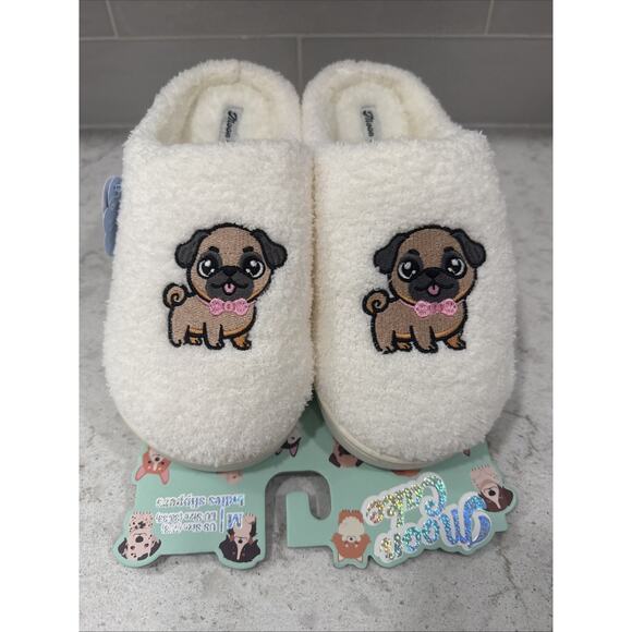 PUG Ladies Med 7/8 Memory Foam Hood Back Slippers House Shoes Faux Fur Lining - Picture 1 of 8